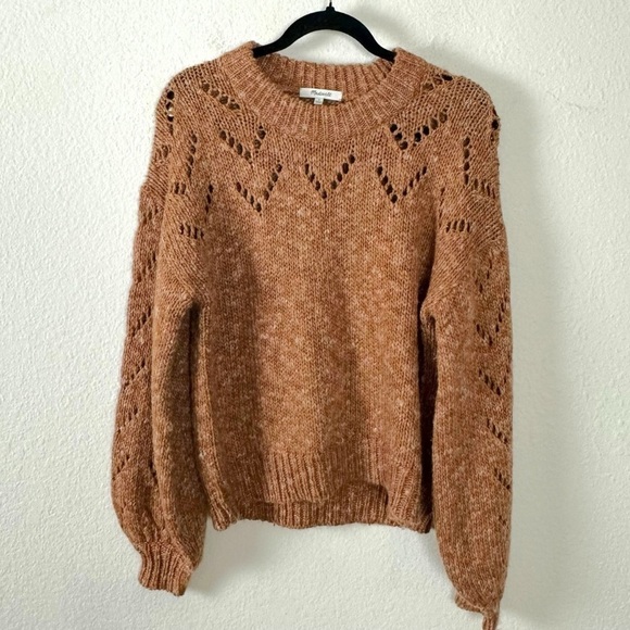 Madewell Pointelle Bubble-Sleeve Pullover Sweater in Marled Acorn Brown Small - Picture 10 of 14